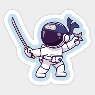 Cute Astronaut Ninja Holding Sword And Shuriken Cartoon Sticker